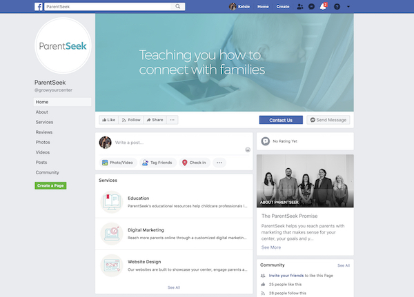 Parentseek Facebook profile screenshot