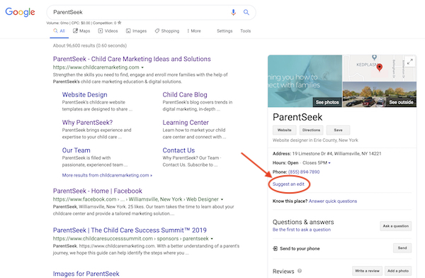 ParentSeek Google listing screenshot