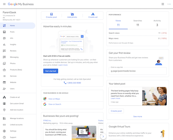 ParentSeek manage your Google Business account screenshot