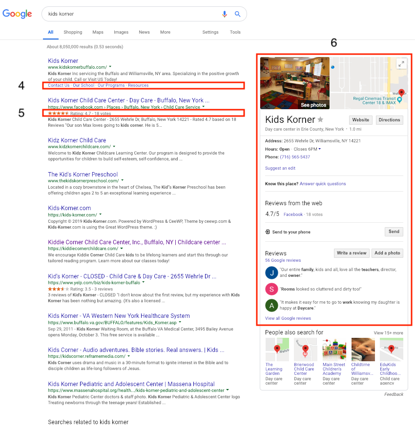 Google SERP features for a branded childcare search