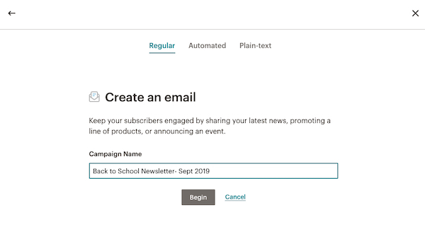 create an email campaign name on Mailchimp screenshot
