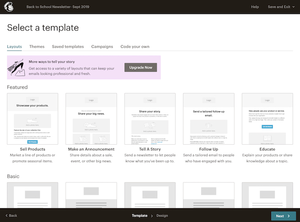 Mailchimp select a template screenshot