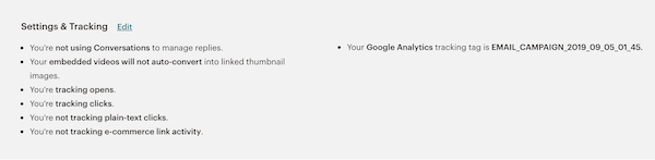 Mailchimp settings and tracking screenshot