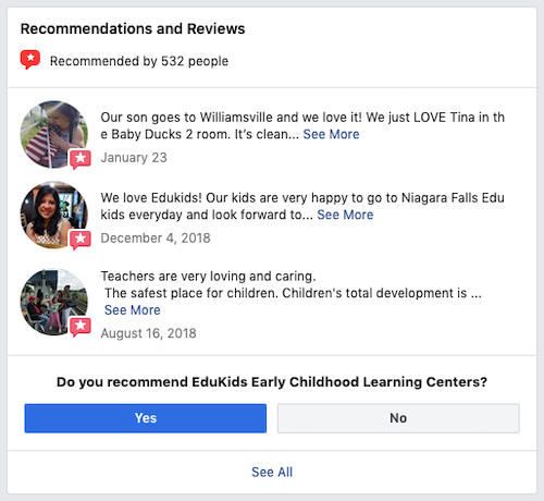 Facebook recommendations and reviews for a local child care center