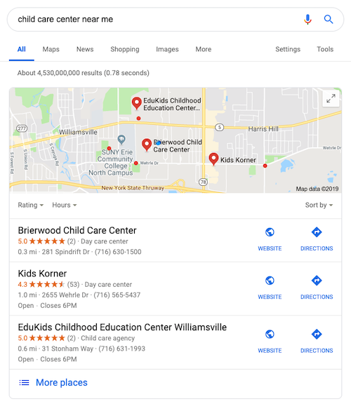 Google reviews of local child care centers