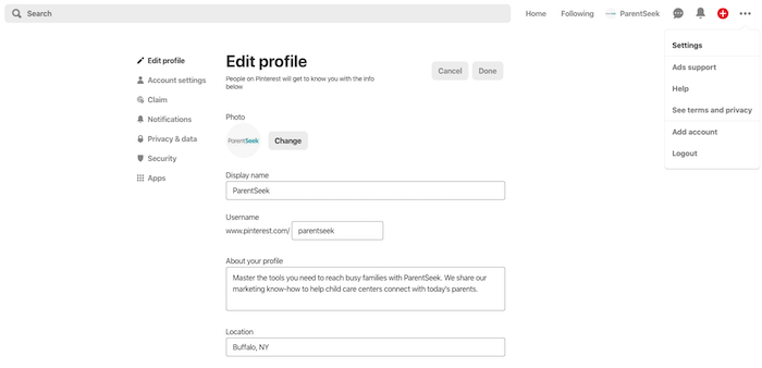 Edit your Pinterest profile