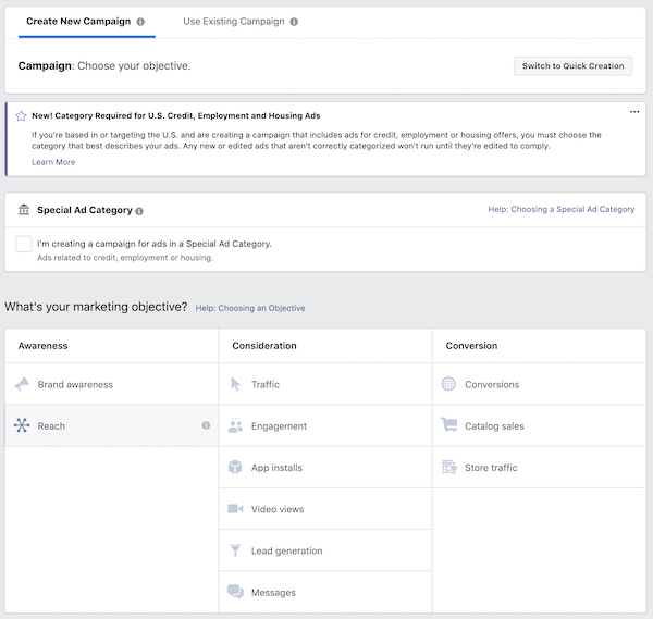 Facebook ad campaign objective screenshot