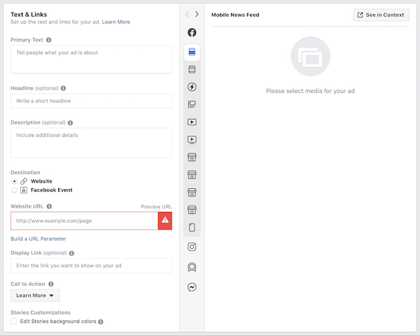 Adding text and links on Facebook ads