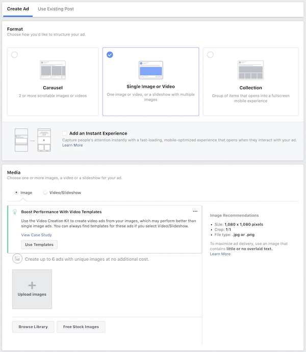 Create ad structure Facebook screenshot