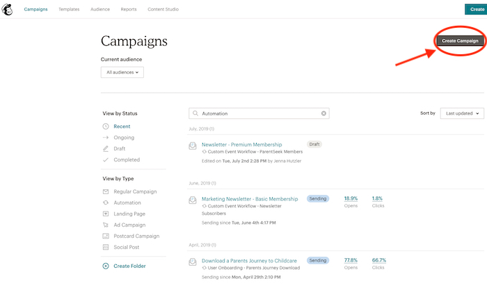 create campaign button mailchimp