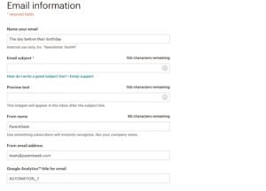 email info section Mailchimp automation screenshot