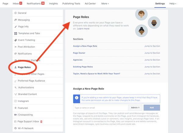 facebook page roles screenshot