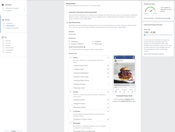 Placements section on Facebook ads screenshot