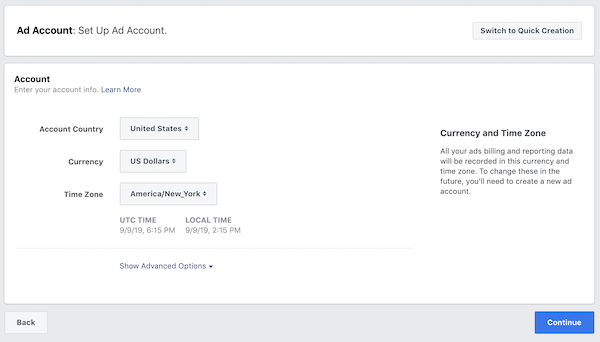 Ad account set up Facebook screenshot