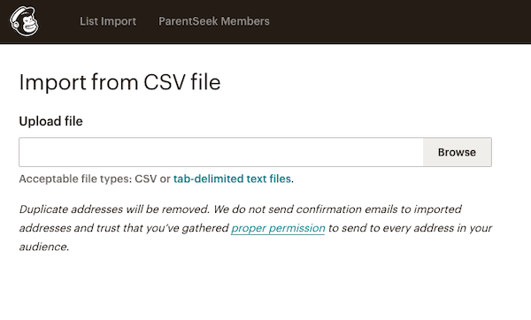 Browse to upload CSV file Mailchimp screenshot
