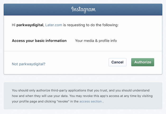 Allow Later to access your Instagram account