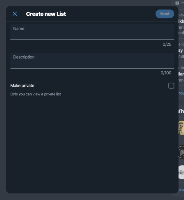 Create new Twitter List