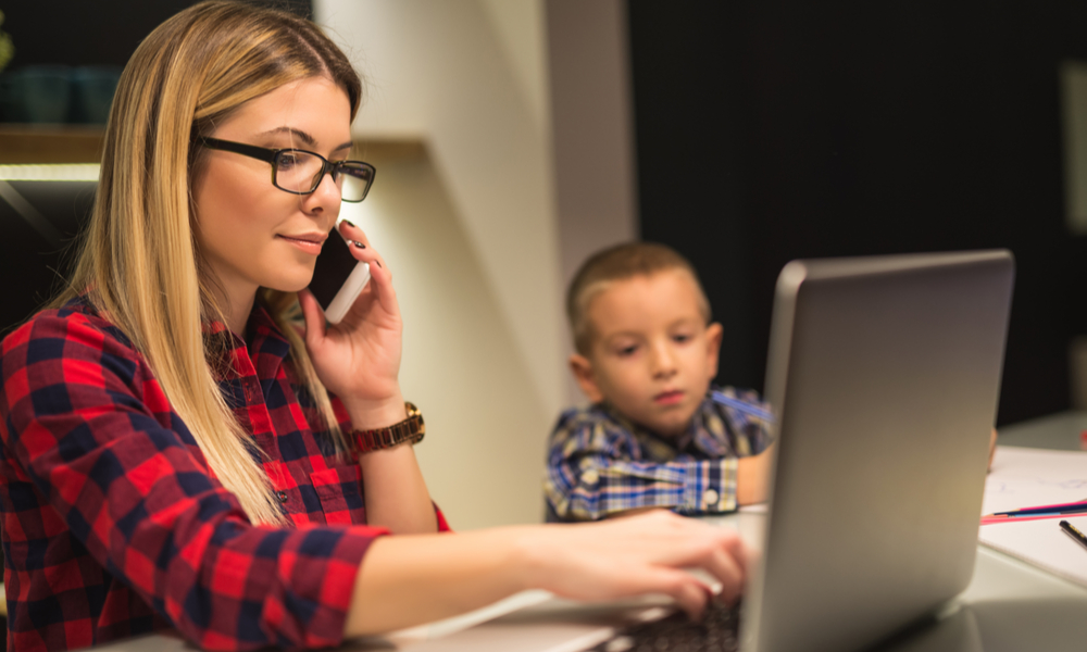 Mom on computer and phone