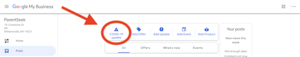 Google My Business COVID-19 update option screenshot